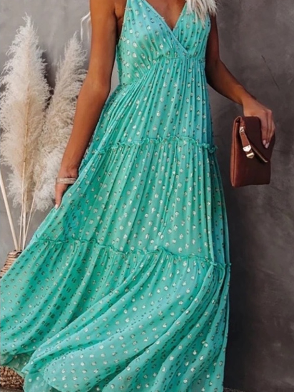 Boho Tiered V-Neck Summer Maxi Dress in Teal Floral lined. Never worn NWOT - Picture 3 of 11